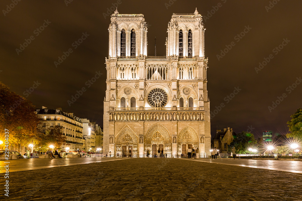 Fototapeta premium Katholische Kathedrale Notre-Dame bei Nacht, Paris, Frankreich