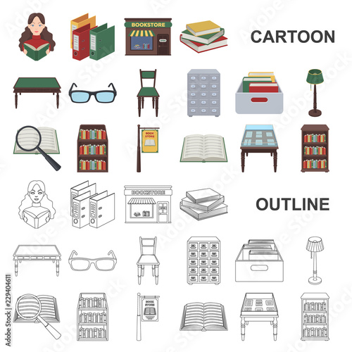 Library and bookstore cartoon icons in set collection for design. Books and furnishings vector symbol stock web illustration.