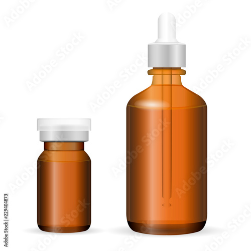Brown glass or plastic bottle set for cosmetics, medicine. EPS Vector illustration. Injection and dropper bottles isolated on background.