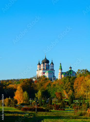 Panoramic view of St. Panteleimon Orthodox monastery in autumn
