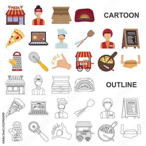 Pizza and pizzeria cartoon icons in set collection for design. Staff and equipment vector symbol stock web illustration.