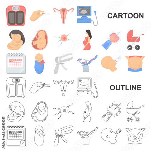 Woman and pregnancy cartoon icons in set collection for design. Gynecology and equipment vector symbol stock web illustration.