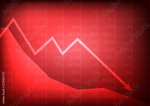 Vector : Red stock market with decreasing arrow on red background