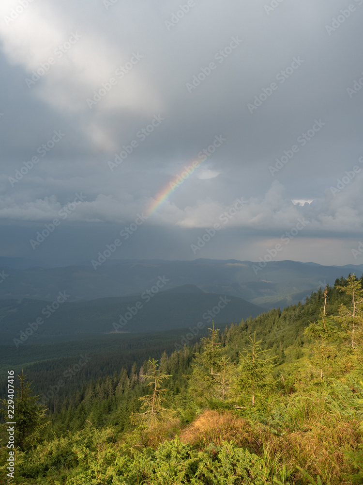 Landscape of hillsides after rain. Low dark clouds and rainbow in the sky. Carpathians mountains at summer, west Ukraine. Sun illuminating forest on the hill. Nature landscape. Blurred background Landscape of hillsides after rain. Low dark clouds and rainbow in the sky. Carpathians mountains at summer, west Ukraine. Sun illuminating forest on the hill. Nature landscape. Blurred background