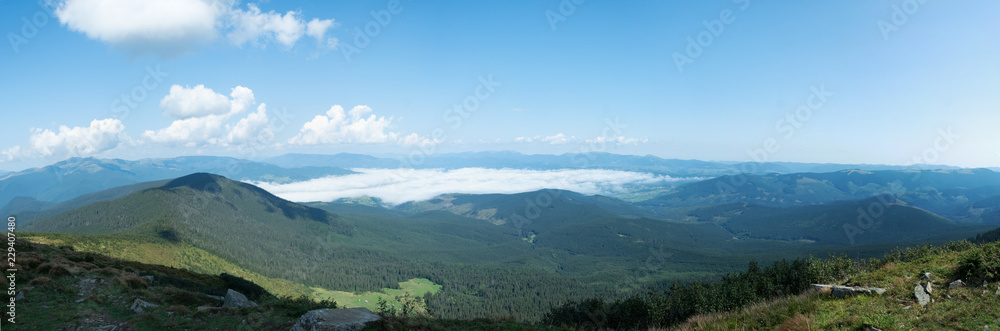 Panorama of Carpathians mountains at summer, west Ukraine. White clouds in blue sky. Low clouds floating between mountain ranges. Ukrainian nature panoramic landscape. Blurred background