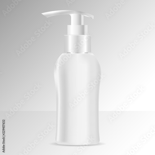 Liquid soap or shampoo bottle template. Cosmetics or medicine container. Vector illustration. Dispenser lid jar for liquid moisturizer, cream, foam. Skin care product design.