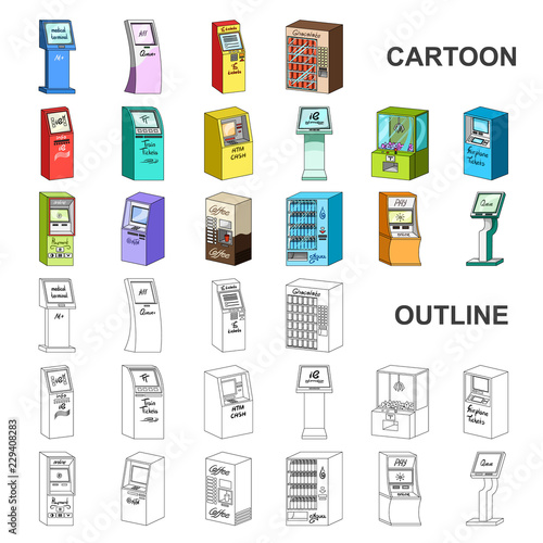 Variety of terminals cartoon icons in set collection for design. ATM and trading device vector symbol stock web illustration.