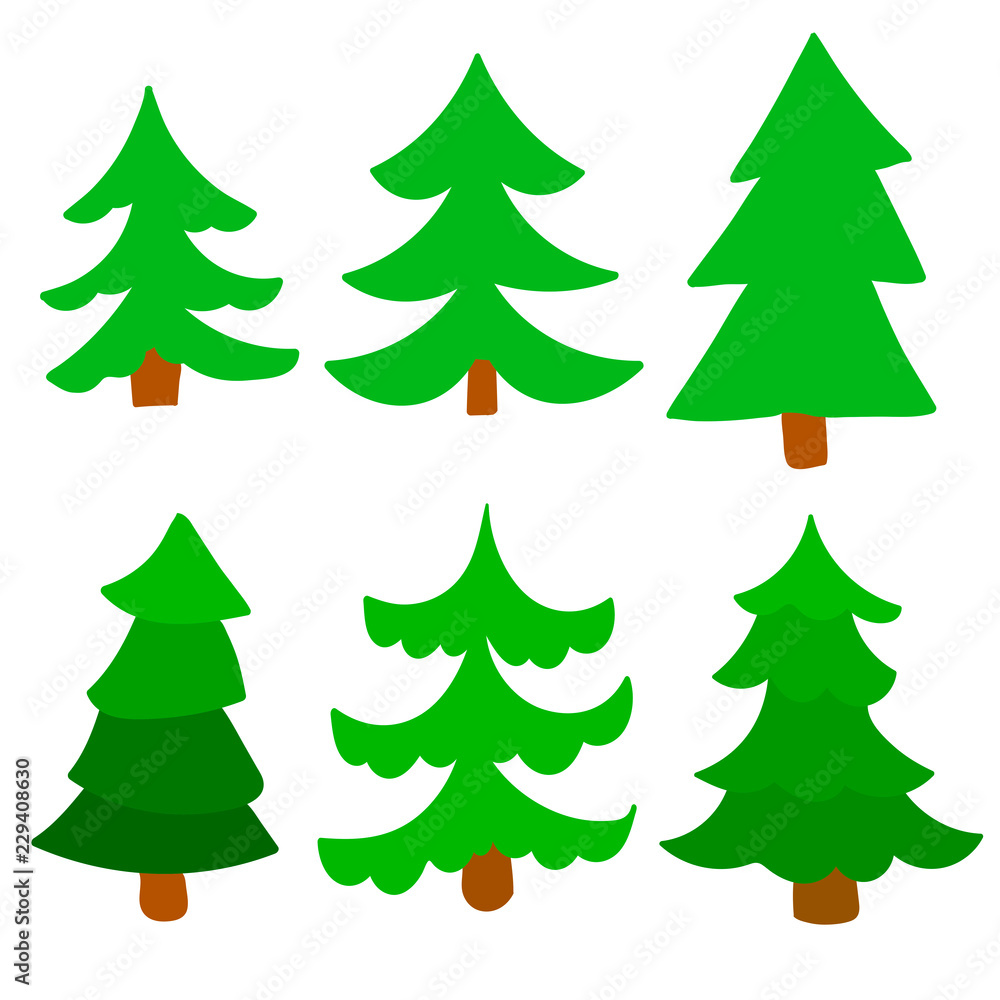 Cartoon green spruce set isolated on white background. Vector illustration.