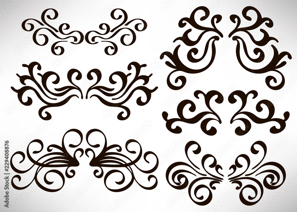 Abstract curly element set for design, swirl, curl. Divider collection. Vector illustration. Abstract curly element set for design, swirl, curl. Divider collection. Vector illustration.