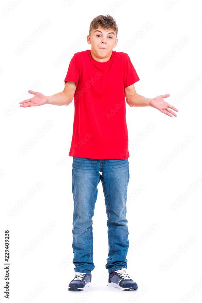 Full length portrait of young teen boy - I don't know, isolated on white  background. Funny