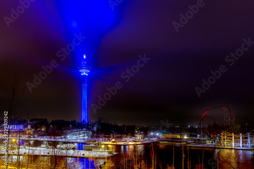 Lighted Näsinneula observation tower, in Tampere, Finland, at night