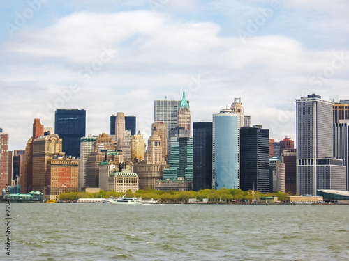 Manhattan Skyline over Hudson River, New York City, United States. Seen from the ferry to Staten Island.