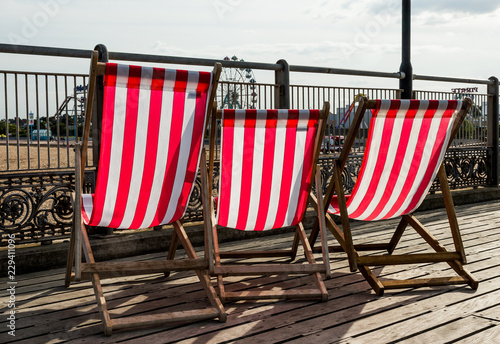 Deckchairs on Skegness Pier, Engaldn, UK.