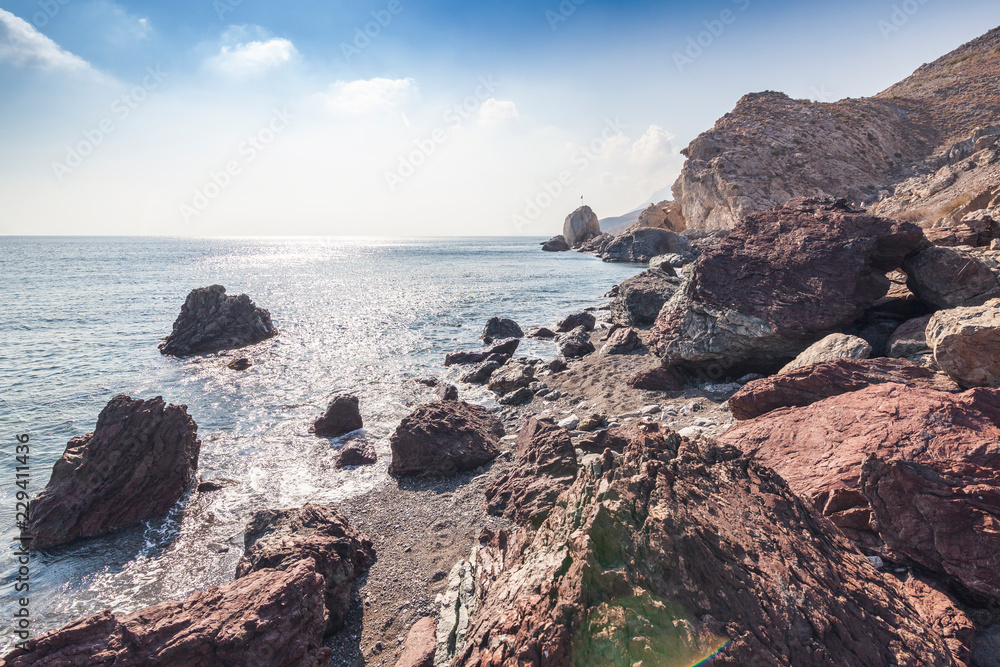 Stone rocky coast of the Mediterranean Sea, Kos island, Greece, beautiful landscape