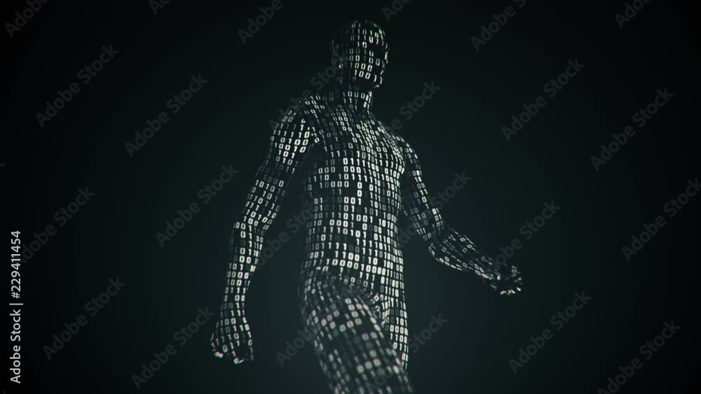Abstract background with animation walking, running or standing human with surface from flickering binary digits of code. Animation of seamless loop. Abstract background with animation walking, running or standing human with surface from flickering binary digits of code. Animation of seamless loop.