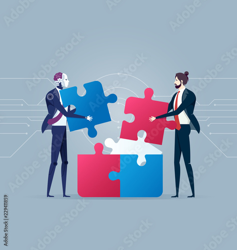Modern Robot Co-working With Businessman Making Puzzle Artificial Intelligence Technology Concept Vector