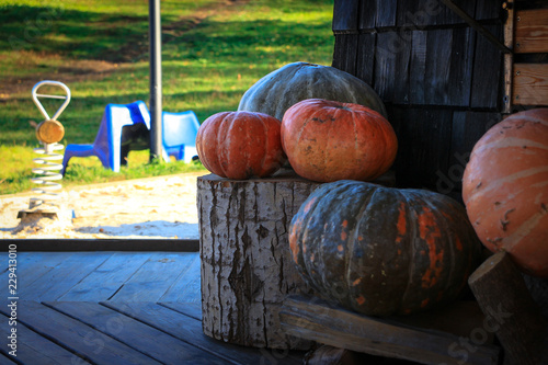 On the eve of Halloween, pumpkins near the house are decorated with pumpkins. © Alexander