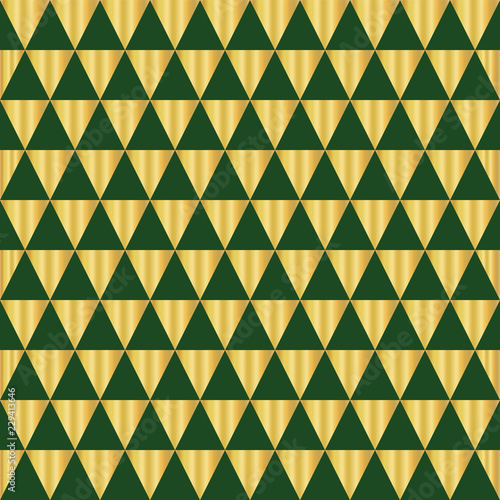 Gold foil triangle geometric seamless vector pattern. Golden shiny triangle shapes on green background. Elegant art for web banner, party invitation, New Year, Christmas, celebration, card, page fill