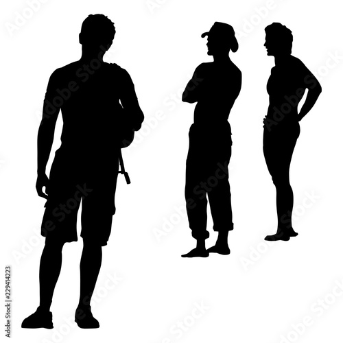 Three vector silhouettes of tall young men tourists on a white background of isolated standing full-length, two stand half-back view with a beautiful torso