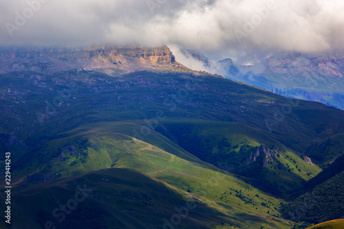 View of the mountain plateau in the clouds in the summer in the North Caucasus in Russia.