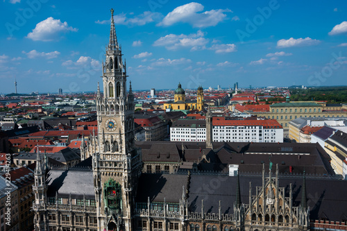 View of Munich city and New Town Hall (Neues Rathaus). Mary's Square (Marienplatz). Munich, Germany