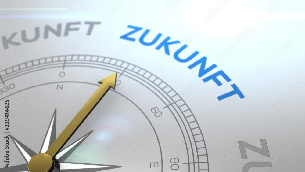Compass with text - Zukunft - german word for future - right path, concept video for good direction white shiny background