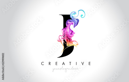 J Vibrant Creative Leter Logo Design with Colorful Smoke Ink Flowing Vector.