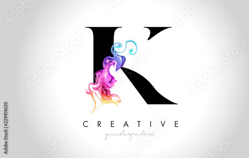 K Vibrant Creative Leter Logo Design with Colorful Smoke Ink Flowing Vector.