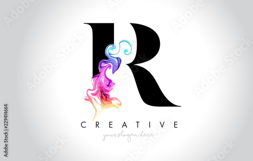 R Vibrant Creative Leter Logo Design with Colorful Smoke Ink Flowing Vector.