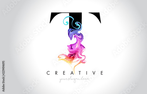 T Vibrant Creative Leter Logo Design with Colorful Smoke Ink Flowing Vector.