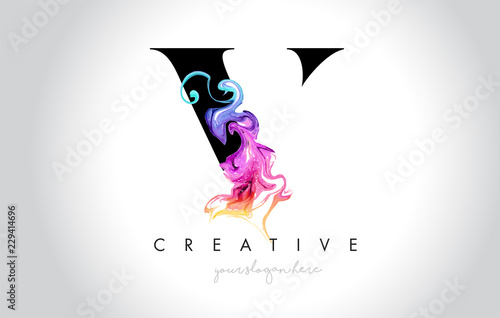 V Vibrant Creative Leter Logo Design with Colorful Smoke Ink Flowing Vector.