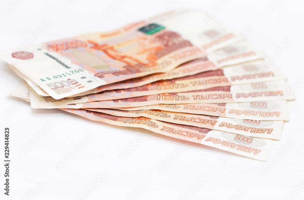 Scattered Russian 5000 rubles banknotes closeup Scattered Russian 5000 rubles banknotes closeup
