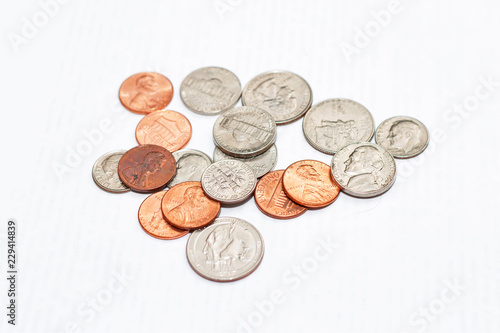 Different coins of USA isolated on the white background