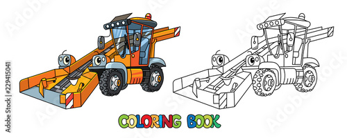Funny snowthrower car with eyes. Coloring book