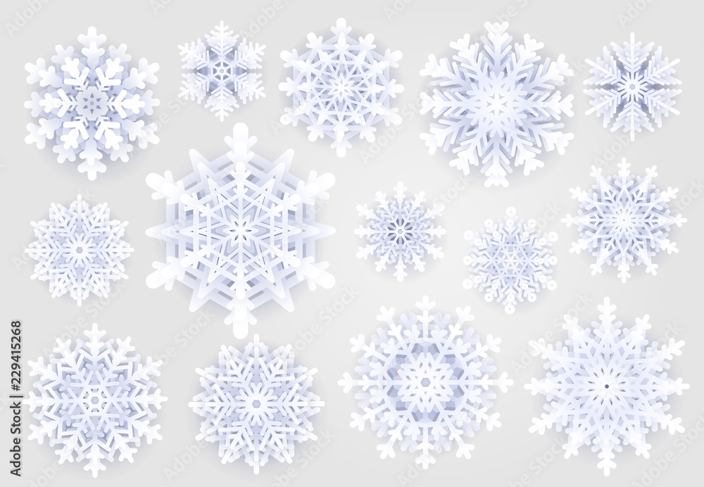 Cute snowflakes collection on grey background. Christmas holydays decoration elements.Snow winter snowflake, xmas snowy vector illustration Cute snowflakes collection on grey background. Christmas holydays decoration elements.Snow winter snowflake, xmas snowy vector illustration