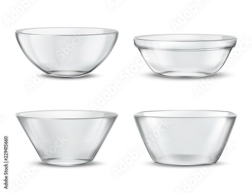 Vector 3d realistic transparent tableware, glass dishes for different food. Containers with shadows, tureens and crystal glassware with reflections. Clear bowls, translucent ceramic.