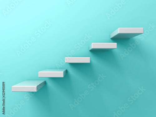 Abstract white stairs or five steps business concept on blue green pastel color wall background with shadow 3D rendering