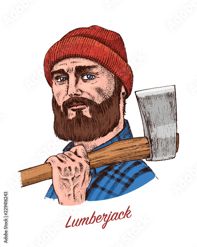 Woodcutter or lumberjack with an ax. Traditional man with a beard. Hipster works in the forest. Engraved hand drawn line art Vintage old monochrome sketch, ink. Vector illustration for label.