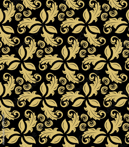 Floral vector ornament. Seamless abstract classic background with flowers. Pattern with repeating floral elements. Golden ornament for fabric, wallpaper and packaging