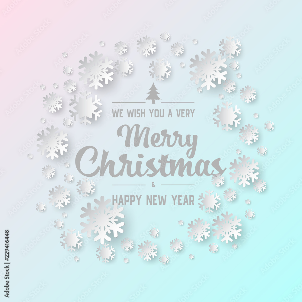 White paper cut of vector snowflake on white ornate background with merry christmas phase text White paper cut of vector snowflake on white ornate background with merry christmas phase text