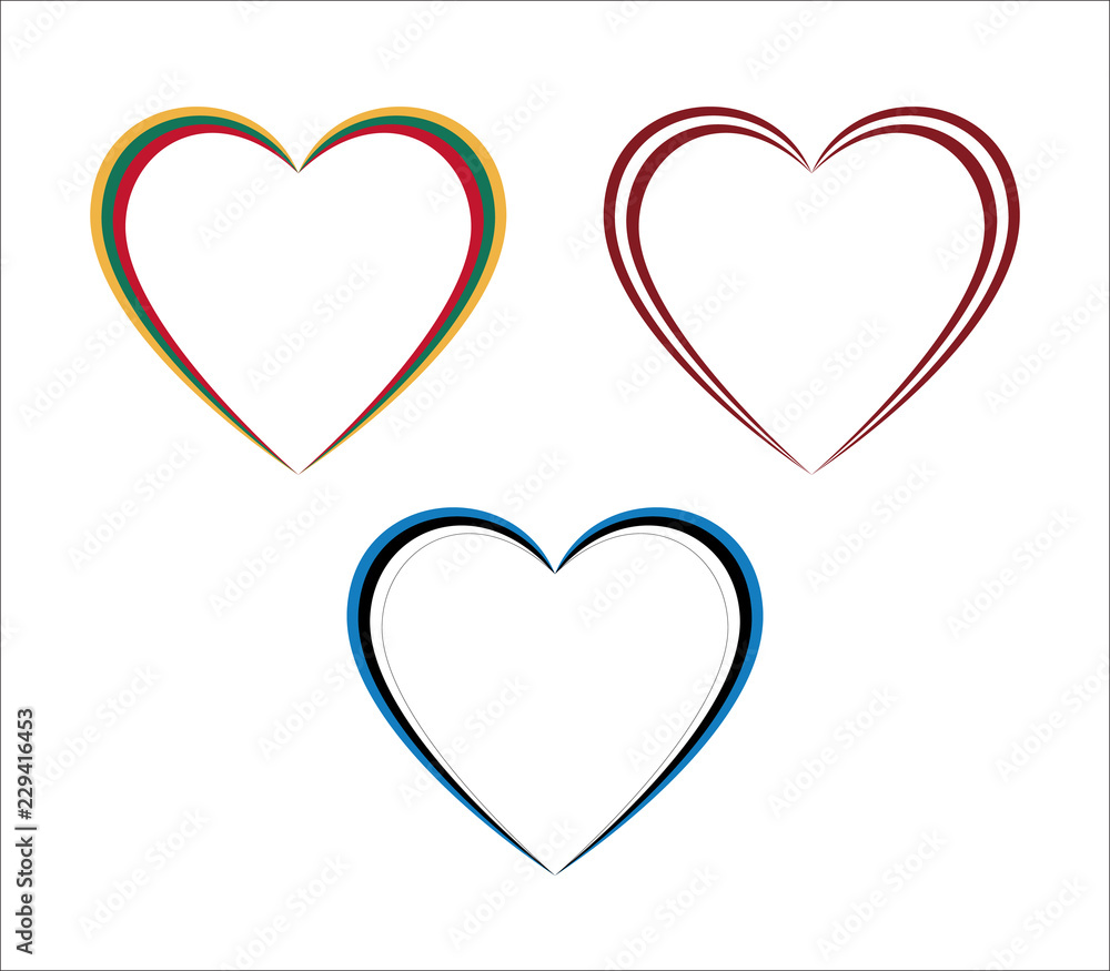 Set of three hearts in Lithuanian, Latvian and Estonian colors isolated on white background