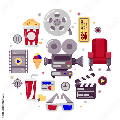 Set of cinema icons in flat stile isolated on white. Vector illustration.
