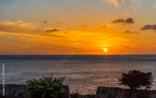 View of the seascape at sunset in Playa Lagun, Curacao, Netherlands. Copy space for text. © ggfoto