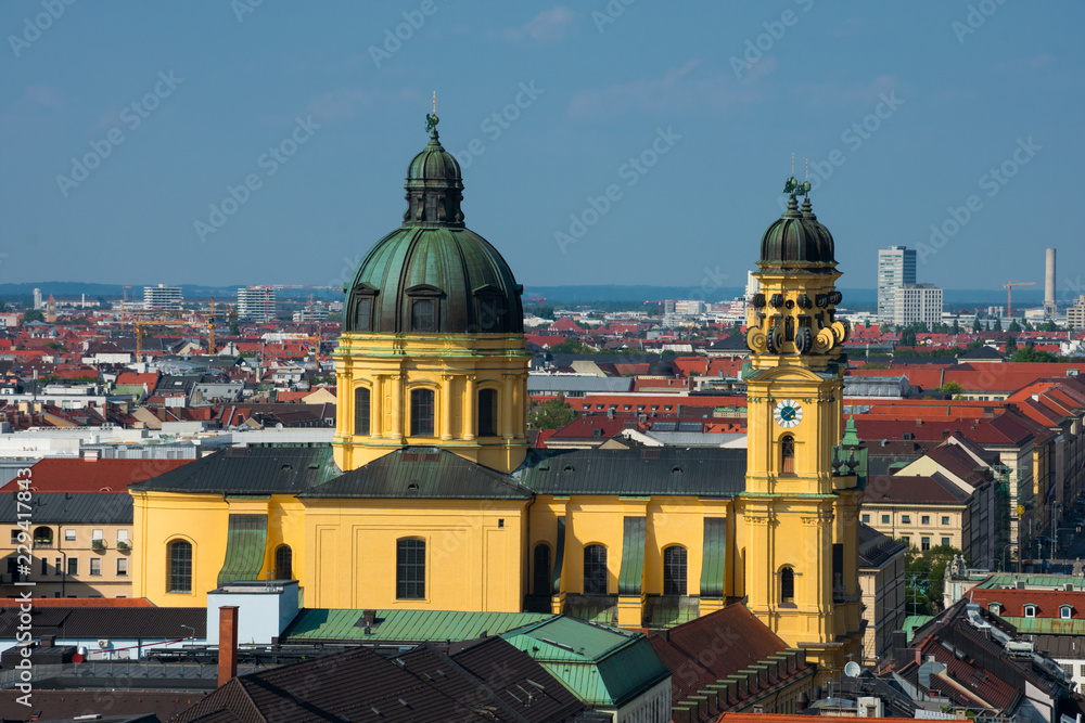 View of Munich city and Theatinerkirche (Theatine Church). Munich, Germany