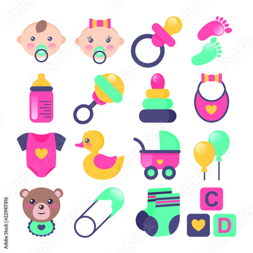 Set of baby icons in flat stile. Could be used for cards, banners, patterns, wrapping paper, web. Vector illustration