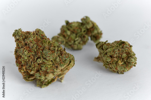 Close up of yumbolt strain medical marijuana and recreational marijuana flower bud isolated on a white background