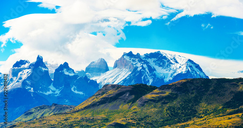 View of the mountain landscape in the national park Torres del Paine, Patagonia, Chile, South America.