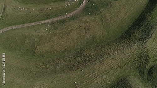 Wide top down aerial of the main western gate ramparts at Maiden Castle, near Dorchester in Dorset. Amazing abstract beauty, as sheep gather throughout the maze-like structure. photo