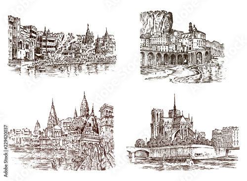Vintage landscape Historical architecture with buildings, perspective view. Houses on the mountain. Engraved hand drawn in old sketch and monochrome style. Travel postcard