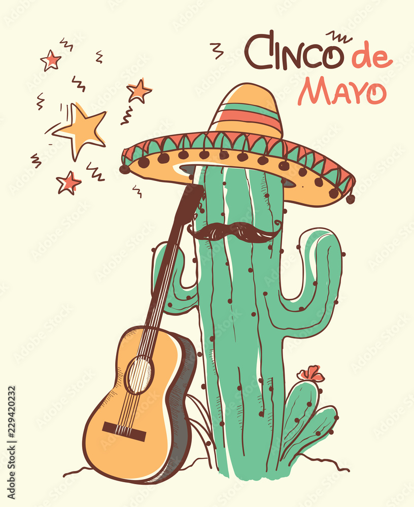 Cinco de mayo Cactus and the guitar.Vector color illustration Cinco de mayo Cactus and the guitar.Vector color illustration